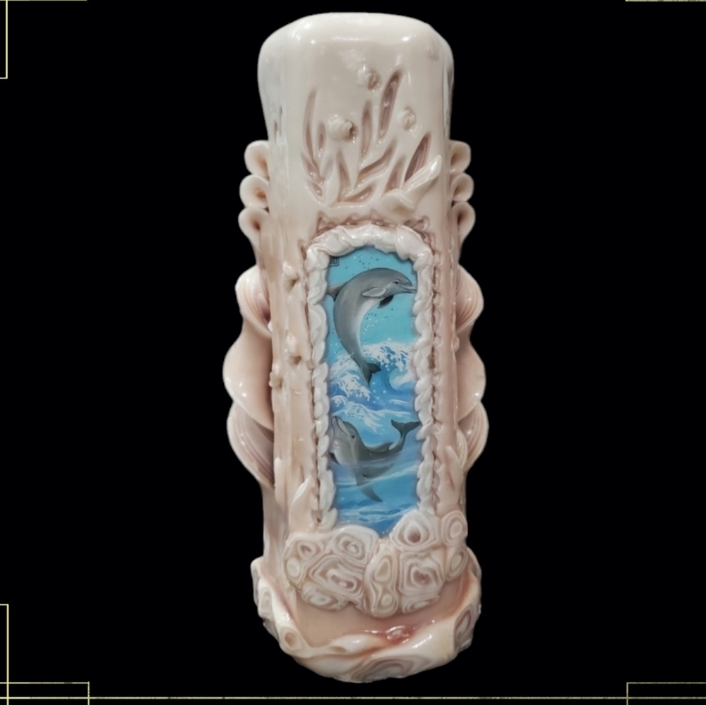 Hand Carved 80s Wax Ribbon Candle with Playful Dolphins Never Used Vintage